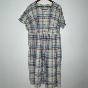 Woman Within Dress Womens 22W Neutral Plaid Button Front Midi Cottage Cabin